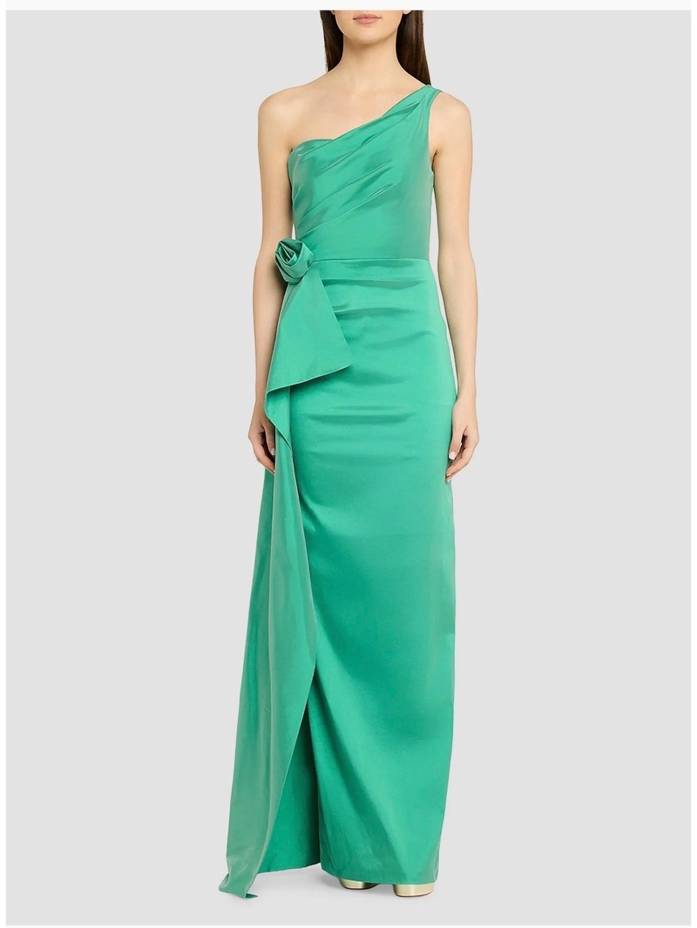 TERI JON BY RICKIE FREEMAN Flower-Corsage One-Shoulder Taffeta Gown